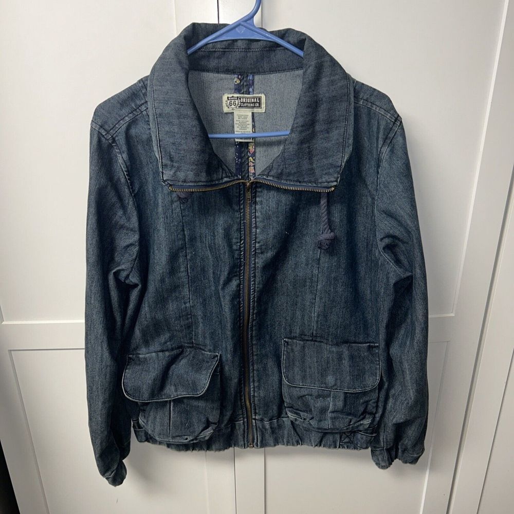 Vintage Route 66 Womens Denim Blue Jean Jacket Large Full Zip Size XL